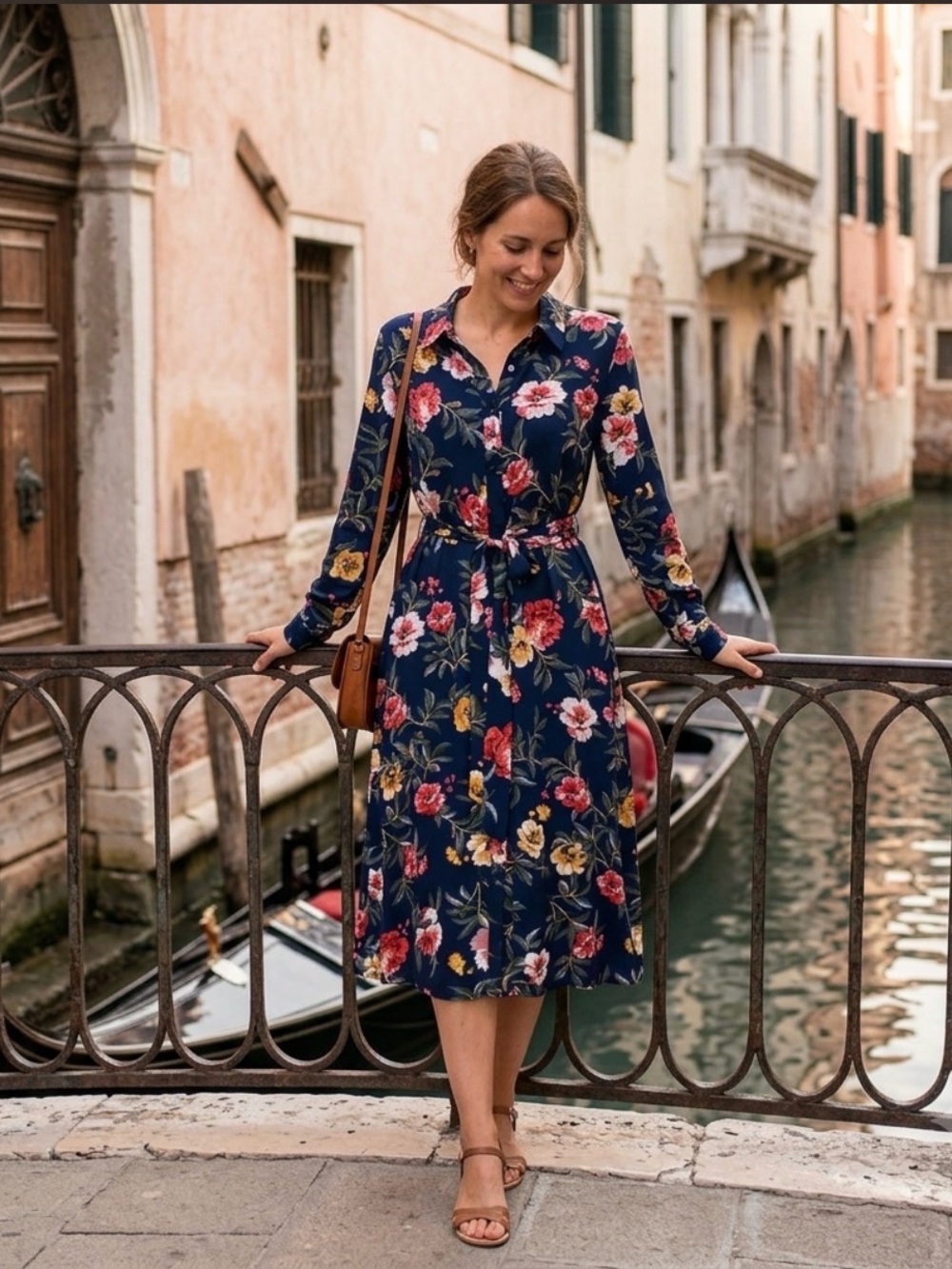 👒JOULES Floral Navy Shirtwaist Dress long sleeve with Tie Waist size US 14 GUC